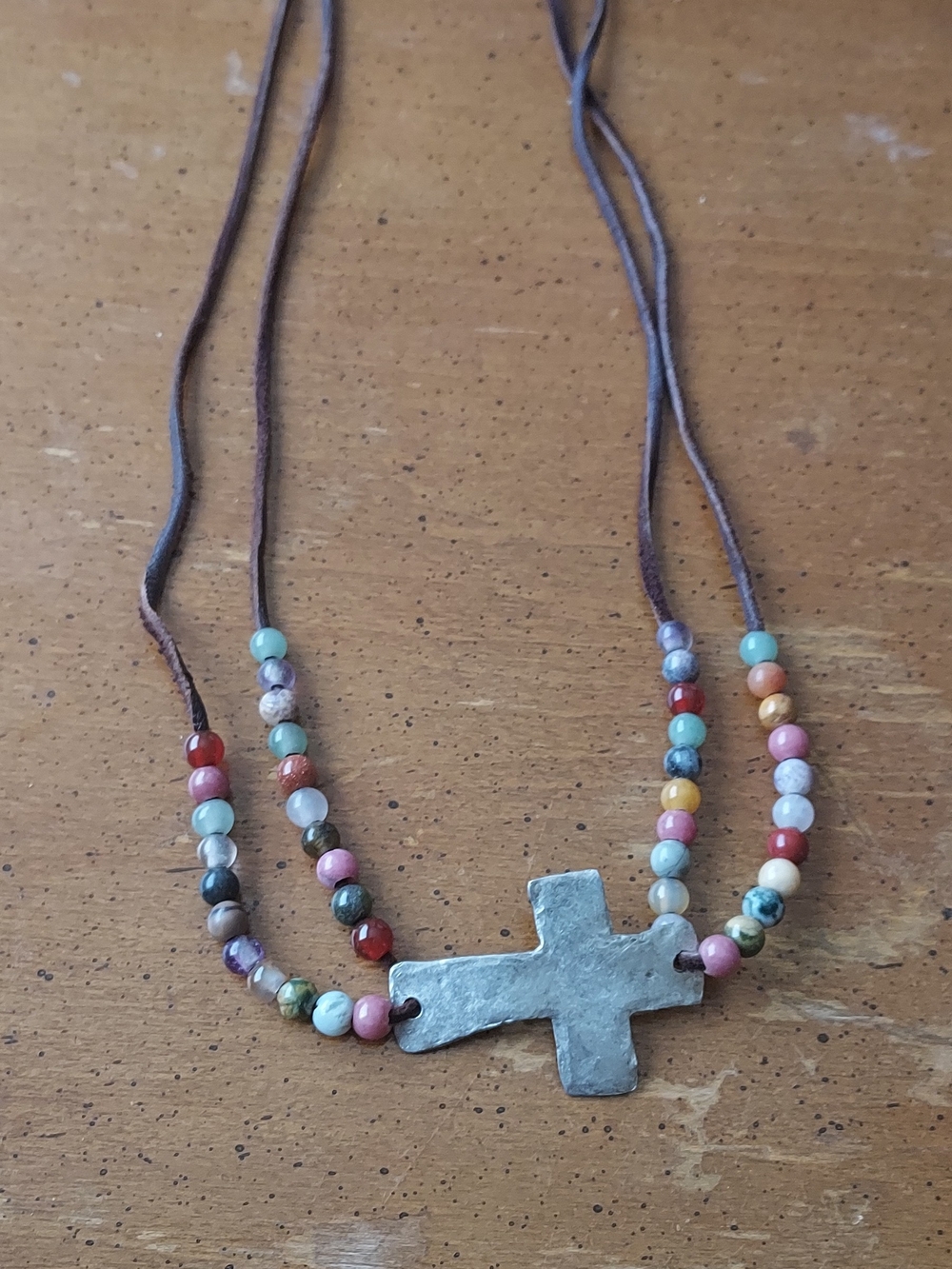 Multicolor Beaded Cross Necklace Or Wrap Around Bracelet On Leather Cord